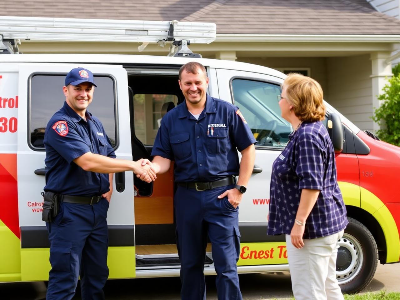 Summit Shield technicians meeting a homeowner beside their service van