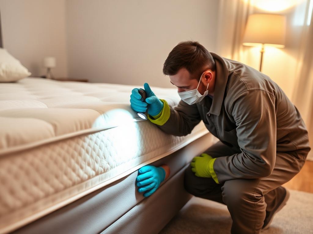 Technician inspecting a mattress seam for bed bugs in a bedroom